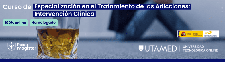 Banner del curso de especialización, formación clave para tratar a pacientes con adicción de forma efectiva.